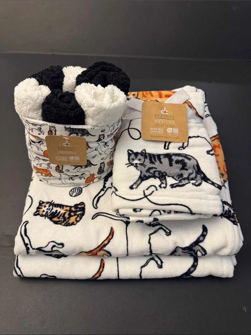 10pc DEBORAH CONNOLLY Cat Print Bath Towel Set - White/Black